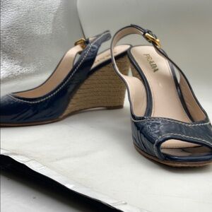 Prada Navy Blue Patent Leather Wedges